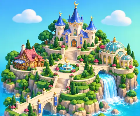 The Royal Valley of Moonvale, fully restored: a blue-roofed palace, glass conservatory, cosy cottage and waterfall on an island in a bright blue sea.