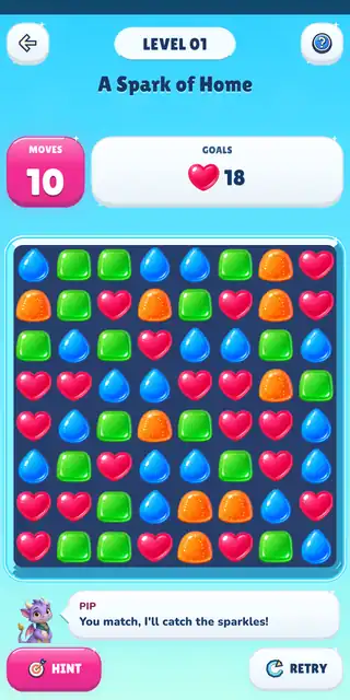 Puzzle board for level 1, A Spark of Home: rows of heart, drop, gumdrop and square jellies, 10 moves left to collect 18 hearts, and Pip cheering you on.