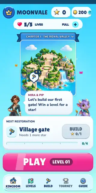 Kingdom view of Moonvale, chapter 1, The Royal Valley: Mira and Pip suggest building the village gate next, above a big Play button.