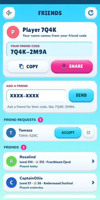 Friends screen showing your friend code with Copy and Share buttons, a box to add a friend’s code, a friend request and friends’ levels.
