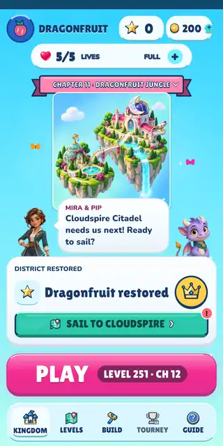Chapter 11, Dragonfruit Jungle, fully restored: its floating island glows while Mira and Pip say Cloudspire Citadel needs them next, above a Sail to Cloudspire button.